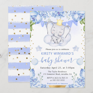 Wasserfarben-Elefant und Blue Rose Babydusche Einladung