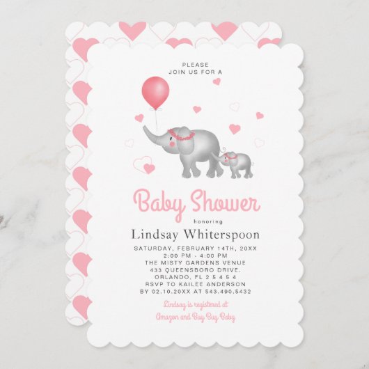 Wasserfarben-Elefanten & Pink Heart Girl Babydusch Einladung (Vorne/Hinten)