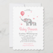 Wasserfarben-Elefanten & Pink Heart Girl Babydusch Einladung (Vorderseite)
