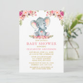 Wasserfarben Elephant Baby Dusche Rosa Blütengoldf Einladung (Stehend Vorderseite)