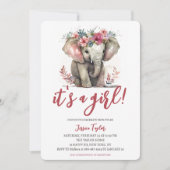 Wasserfarben Elephant Pink Floral Girl Babydusche Einladung (Vorderseite)