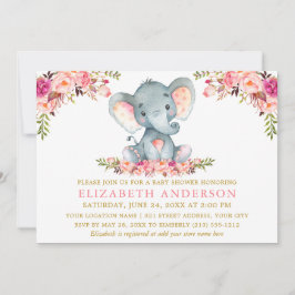 Wasserfarben Elephant Pink Floral Gold Baby Dusche Einladung