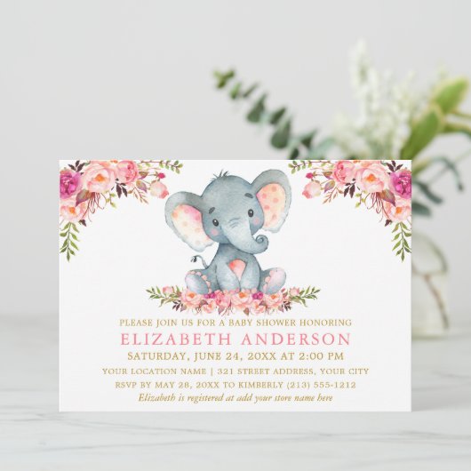 Wasserfarben Elephant Pink Floral Gold Baby Dusche Einladung (Stehend Vorderseite)