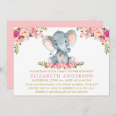 Wasserfarben Elephant Pink Floral Gold Baby Dusche Einladung (Vorne/Hinten)