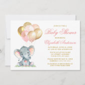 Wasserfarben Elephant Pink Gold Balloons Babydusch Einladung (Vorderseite)