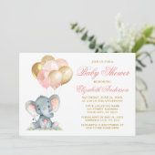 Wasserfarben Elephant Pink Gold Balloons Babydusch Einladung (Stehend Vorderseite)