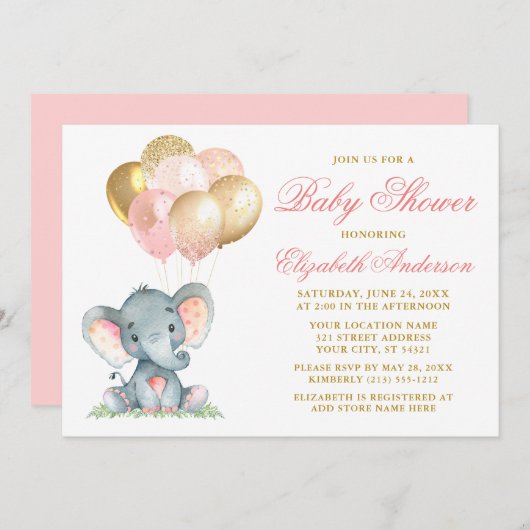 Wasserfarben Elephant Pink Gold Balloons Babydusch Einladung (Vorne/Hinten)