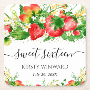 Wasserfarben Erdbeeren und Blume 16 . Geburtstag Rechteckiger Pappuntersetzer