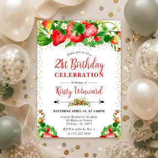 Wasserfarben Erdbeeren und Blume 21. Geburtstag Einladung