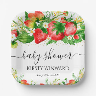 Wasserfarben Erdbeeren und Blume Kinderdusche Pappteller