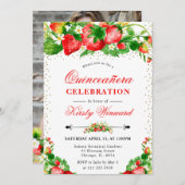 Wasserfarben Erdbeeren und Blume Quinceanera Einladung (Vorne/Hinten)
