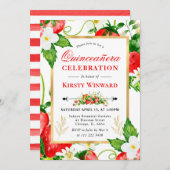 Wasserfarben Erdbeeren und Blume Quinceanera Einladung (Vorne/Hinten)