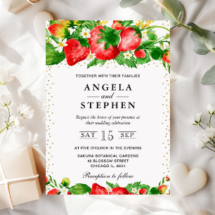 Wasserfarben-Erdbeeren und Blumen-Hochzeit Einladung