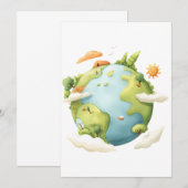 Wasserfarben Erde - Cartoon Erde mit Naturelemente Einladung (Vorne/Hinten)