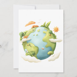 Wasserfarben Erde - Cartoon Erde mit Naturelemente Einladung