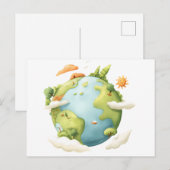Wasserfarben Erde - Cartoon Erde mit Naturelemente Postkarte (Vorne/Hinten)