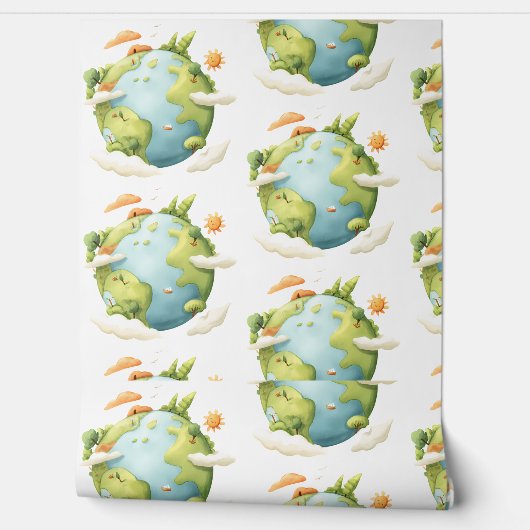 Wasserfarben Erde - Cartoon Erde mit Naturelemente Tapete (Abrollen)