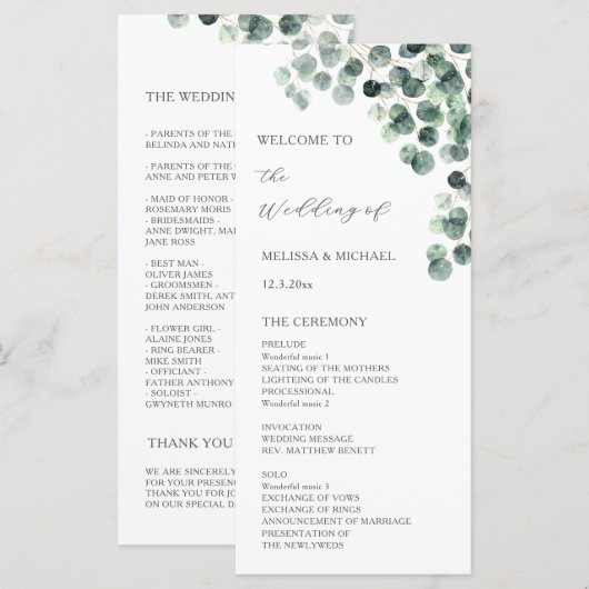Wasserfarben-Eukalyptus-Blätter-Hochzeit Programm (Vorne/Hinten)