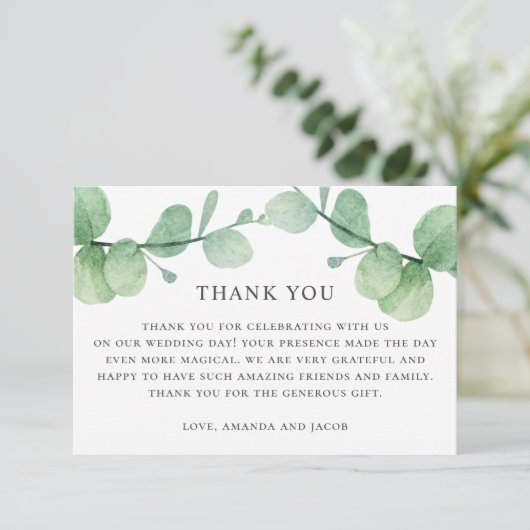 Wasserfarben-Eukalyptus. Grüne Hochzeit danke Karte (Stehend Vorderseite)
