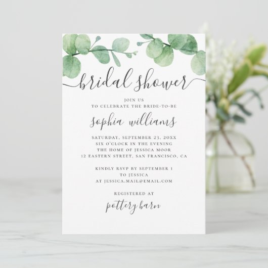 Wasserfarben-Eukalyptus. Grünes Brautparty Einladung (Stehend Vorderseite)