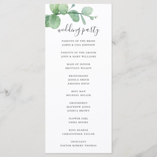 Wasserfarben-Eukalyptus. Hochzeit mit eleganten Sc Programm (Rückseite)