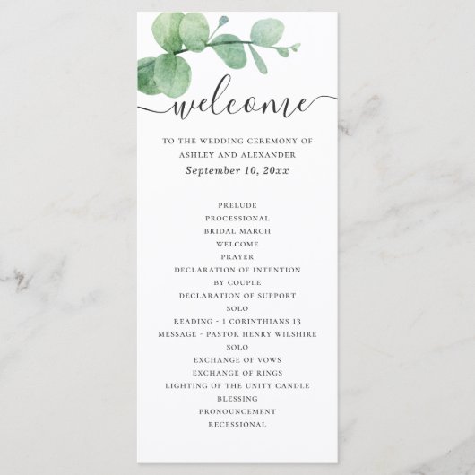 Wasserfarben-Eukalyptus. Hochzeit mit eleganten Sc Programm (Vorderseite)