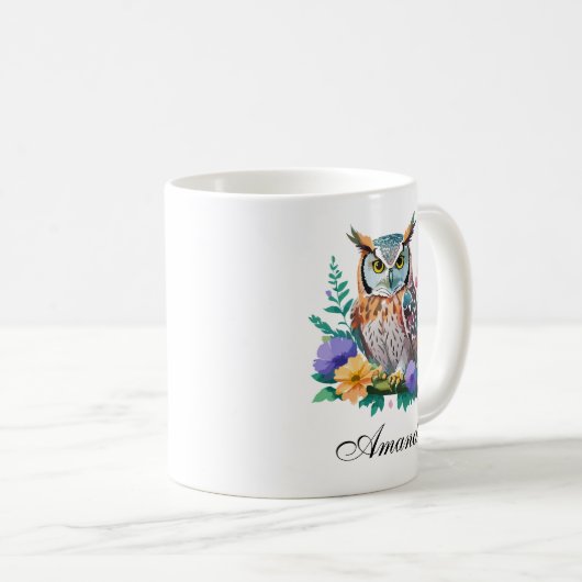 Wasserfarben-Eule und farbenfrohe Blume Kaffeetasse (VorderseiteRechts)