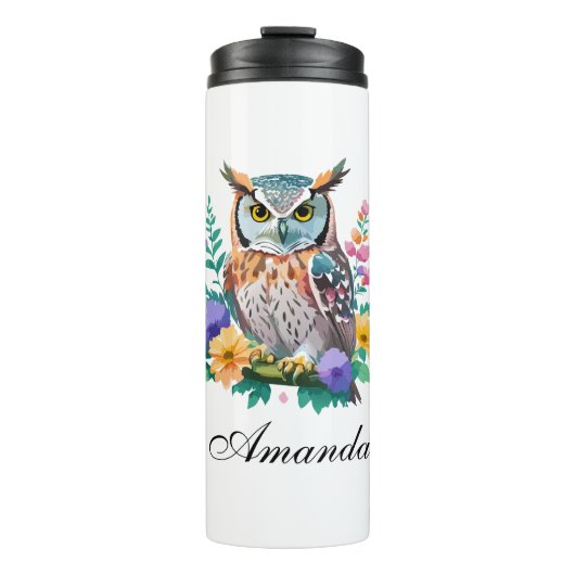 Wasserfarben-Eule und farbenfrohe Blume Thermosbecher (Vorderseite)