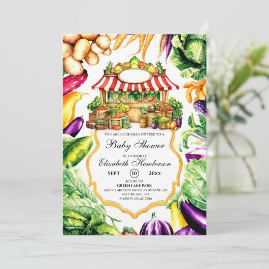 Wasserfarben-Farmer-Markt Baby-Dusche Einladung (Stehend Vorderseite)