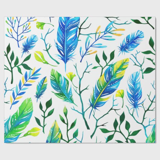 Wasserfarben Federn und Blätter Muster Geschenkpapier (Flach)