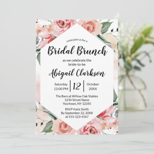 Wasserfarben Floral Hexagon Bridal Brunch Dusche Einladung (Stehend Vorderseite)