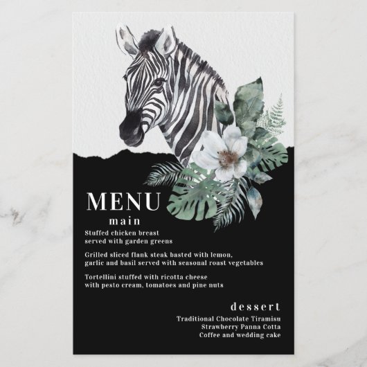 Wasserfarben Floral Wild Zebra Safari Wedding Menu (Vorderseite)