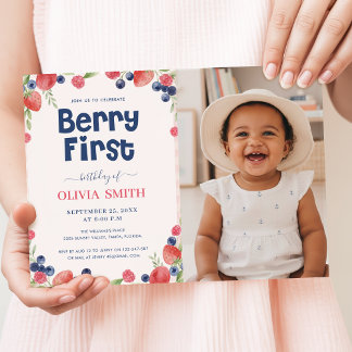 Wasserfarben-Früchte-Baby-Foto-Erdbeere-Erster-Geb Einladung