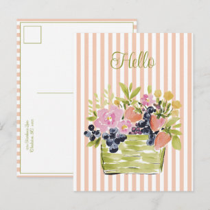 Wasserfarben Früchte- und Blumenkorb auf Streifen Postkarte