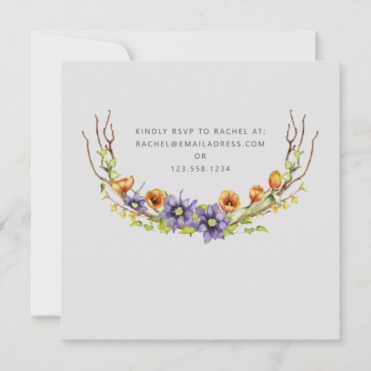 Wasserfarben-Frühlingsblumen-Kranz-Brautparty Einladung (Rückseite)