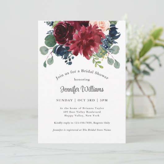 Wasserfarben für Marine und Burgund Einladung (Stehend Vorderseite)