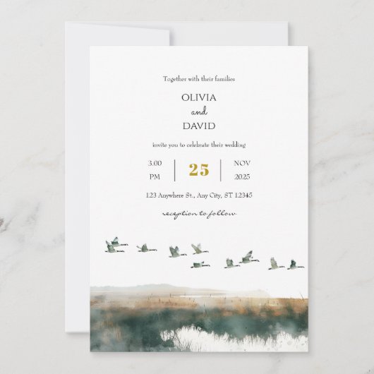Wasserfarben Gänse Küste Twilight Beach Hochzeit Einladung (Vorderseite)