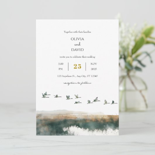 Wasserfarben Gänse Küste Twilight Beach Hochzeit Einladung (Stehend Vorderseite)