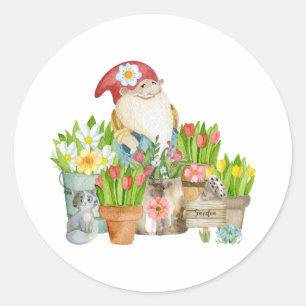 Wasserfarben-Garten-Gnom mit Blumen und Katze Runder Aufkleber