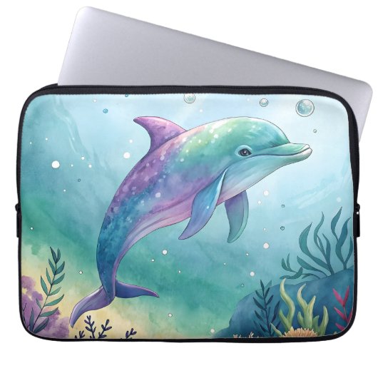 Wasserfarben gemalter Delfin Laptopschutzhülle (Vorderseite)