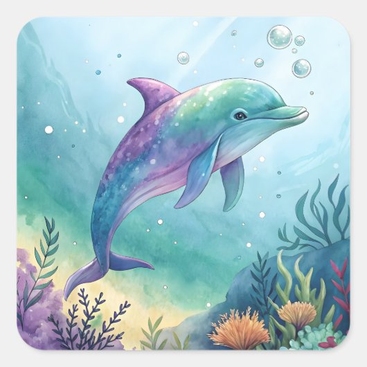Wasserfarben gemalter Delfin Quadratischer Aufkleber (Vorderseite)