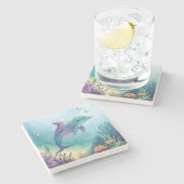Wasserfarben gemalter Delfin Steinuntersetzer (Seitenansicht)