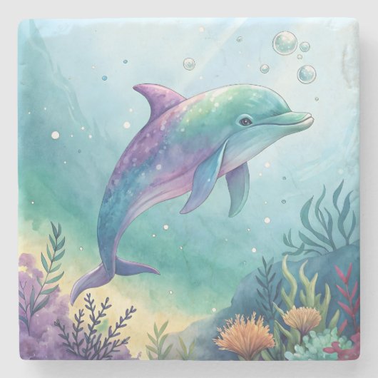 Wasserfarben gemalter Delfin Steinuntersetzer (Vorderseite)