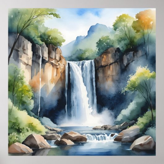 Wasserfarben gemalter Wasserfall Poster (Vorne)