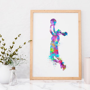 Wasserfarben gespritztes Basketballspieler-Mädchen Poster