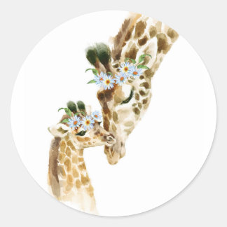 Wasserfarben-Giraffe Mama und Baby Runder Aufkleber