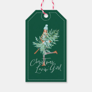 Wasserfarben Girl Holding Evergreen Weihnachtsbaum Geschenkanhänger