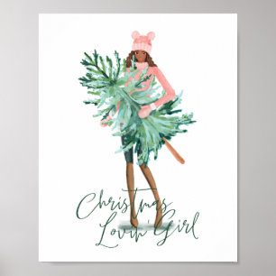 Wasserfarben Girl Holding Evergreen Weihnachtsbaum Poster