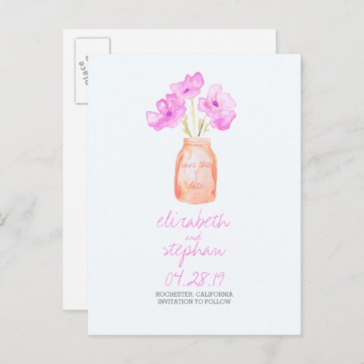 Wasserfarben-Glas lila blumengeschmückt Save the D Ankündigungspostkarte (Vorne/Hinten)