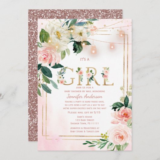 Wasserfarben Glitzer Baby Girl SHOWER BY MAIL Einladung (Vorne/Hinten)